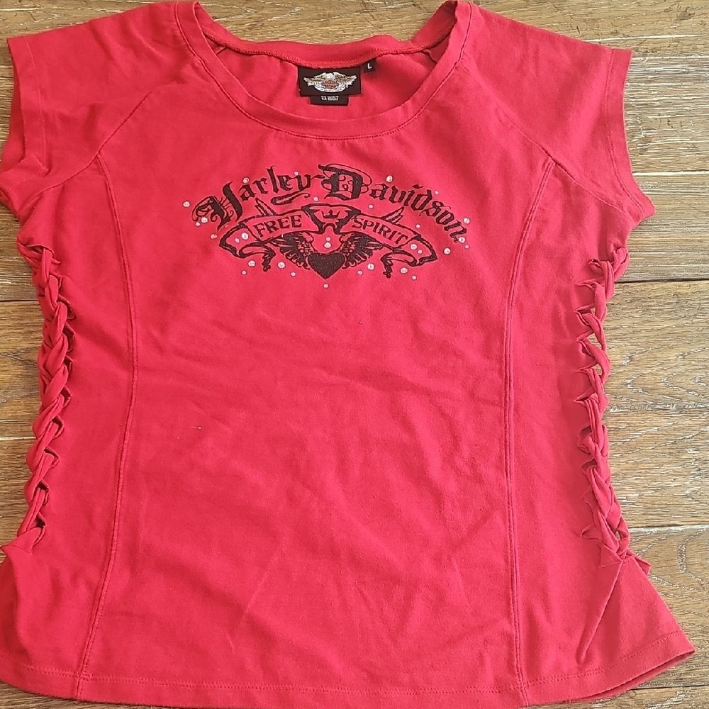 Harley-Davidson Women's Red Graphic Tee with Side Lacing